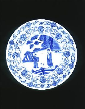 蓝色,白色,盘子,清朝,中间,时期,瓷器,艺术家,未知