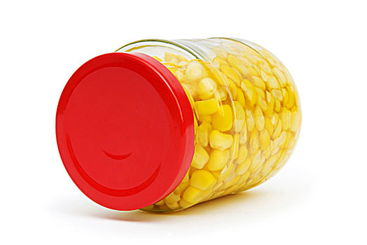 甜玉米,玻璃,罐,隔绝,白色背景