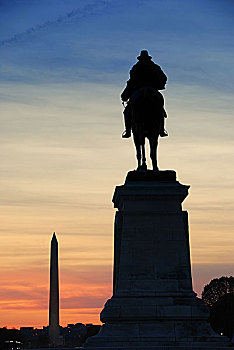雕塑,将军,美国,纪念,华盛顿纪念碑,日落,华盛顿特区