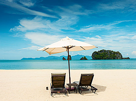 两个,太阳椅,伞,海滩,兰卡威