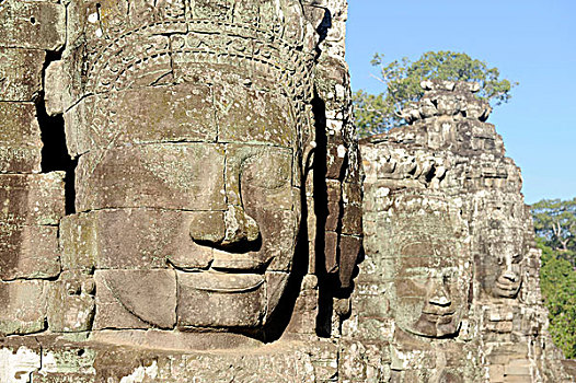 雕刻,石头,脸,菩萨,上方,南,大门,吴哥,世界遗产,收获,柬埔寨,东南亚,亚洲