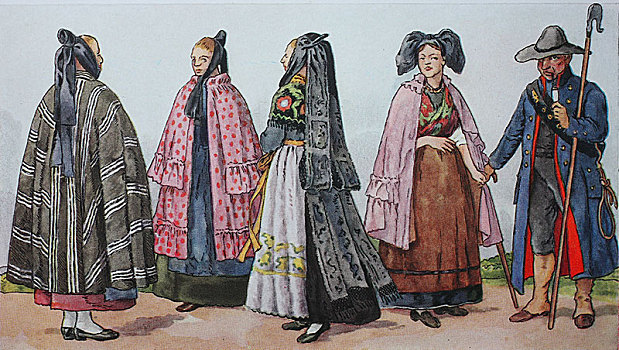 人,传统服装,时尚,衣服,德国,服饰,图林根州,哈尔茨山,19世纪,插画,欧洲