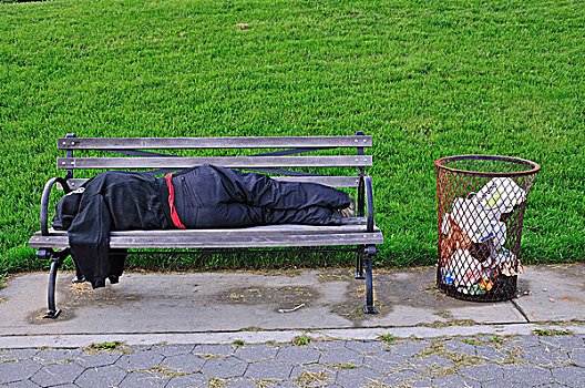 无家可归,女人,睡觉,公园长椅,曼哈顿,纽约,美国,北美