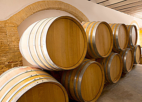 葡萄酒,木质,橡木桶,一堆,排列,地中海,葡萄酒厂