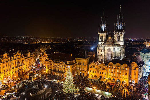 大教堂,圣诞市场,风景,老市政厅,夜晚,老城广场,历史,中心,布拉格,捷克共和国,欧洲