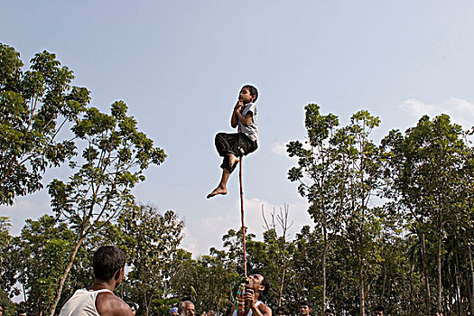 孩子,体操运动员,结束,棍,拿,一个,男人,种类,表演,乡村,孟加拉