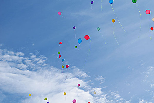 三个,彩色,气球,飞行,蓝天,云