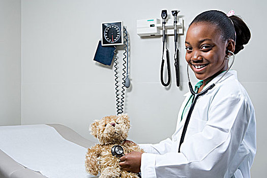 女孩,医生,听诊器,泰迪熊