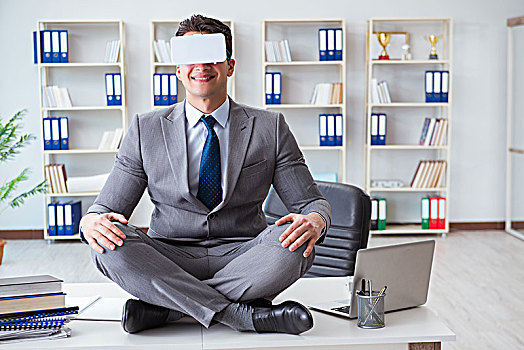 商务人士,虚拟现实,眼镜,沉思,书桌,上面