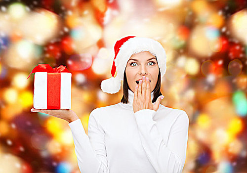 圣诞节,冬天,高兴,休假,人,概念,微笑,女人,圣诞老人,帽子,礼盒,上方,红灯,背景