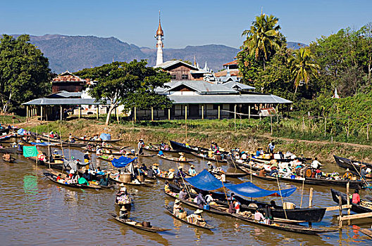 船,漂浮,市场,乡村,亚瓦马,茵莱湖,掸邦,缅甸,亚洲