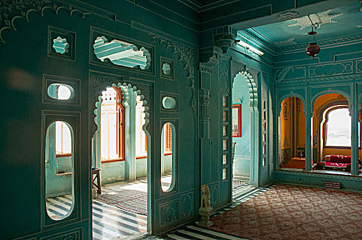 青绿色,房间,城市宫殿,乌代浦尔,拉贾斯坦邦,印度