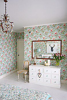 白色,衣柜,仰视,框架,镜子,花,壁纸,乡村,卧室