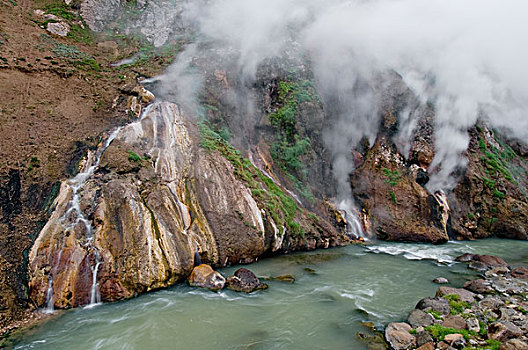 蒸汽,间歇泉,河,山谷,堪察加半岛,俄罗斯