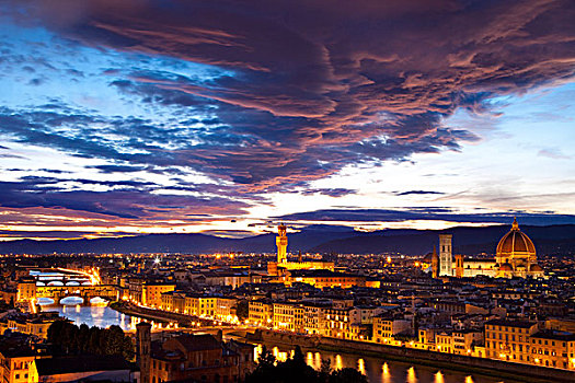日落,上方,阿尔诺河,文艺复兴,城镇,佛罗伦萨,托斯卡纳,意大利