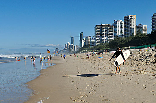 男人,冲浪板,海滩,冲浪者天堂,黄金海岸,昆士兰,澳大利亚