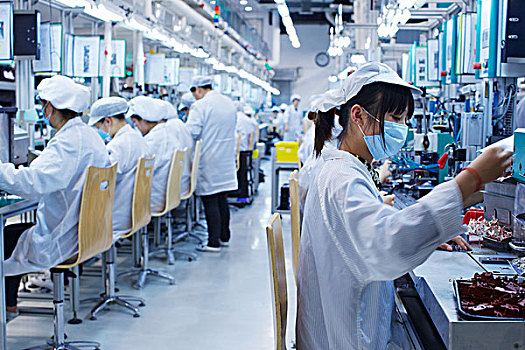 工人,小,制造,工廠,中國,戴著,防護服,帽子,面具