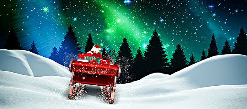 合成效果,图像,圣诞老人,飞,雪撬,极光,闪闪发光,上方,树林,夜晚