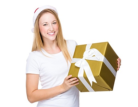女人,圣诞节,帽子,拿着,礼盒