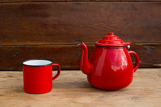 复古,老,旧式,茶壶,红色,杯子,木质背景