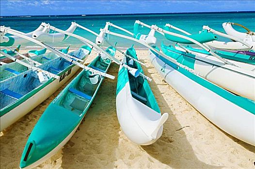 夏威夷,瓦胡岛,舷外支架,独木舟,一堆,海滩