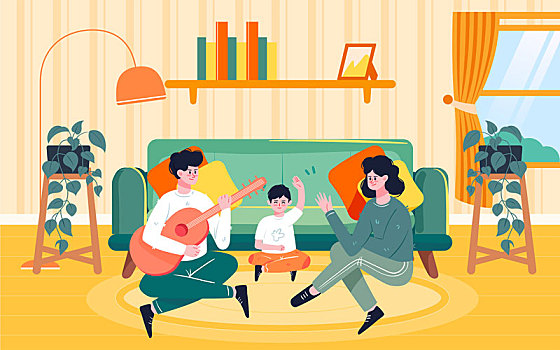 室内客厅沙发一家人居家隔离插画宅家海报