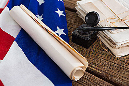 美国国旗,宪法,文件,木桌子