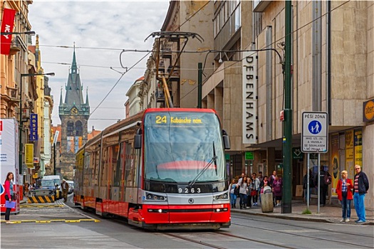红色电车,靠近,塔,布拉格,捷克