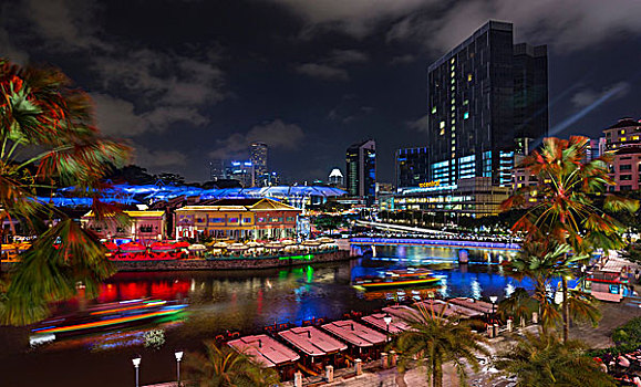 新加坡河,水岸,夜晚,新加坡,东南亚