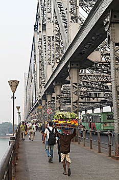 印度,西孟加拉,风景,人,穿过,桥