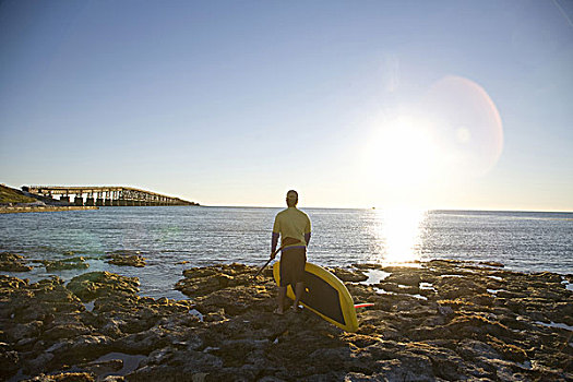 站立,男人,岩石,岸边,后视图,佛罗里达礁岛群,美国