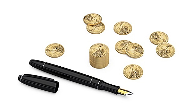 美元,硬币,钢笔,白色背景,背景