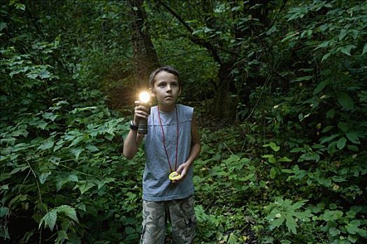 男孩,手电筒,树林