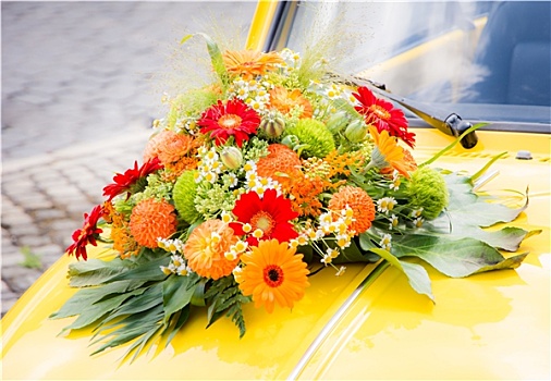 新娘手花,黄色,婚礼,汽车
