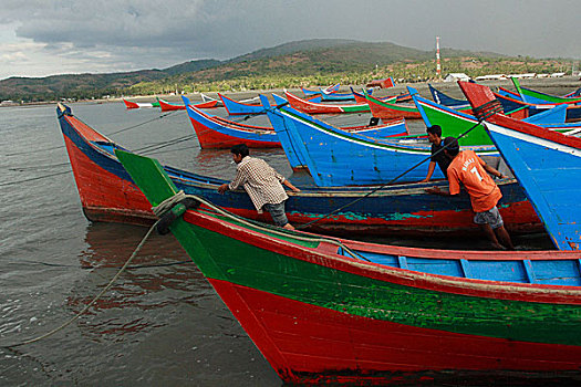 渔船,海滩,印度尼西亚,八月,2007年