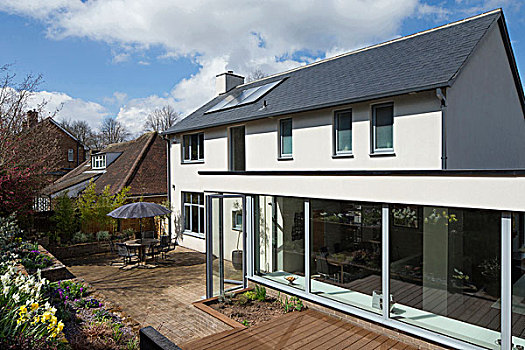 后面,房子,太阳能电池板,公寓,屋顶,玻璃,墙壁