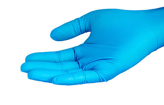 医生的手,戴着蓝色的医用手套