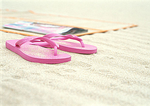 粉色,人字拖鞋,靠近,海滩,垫