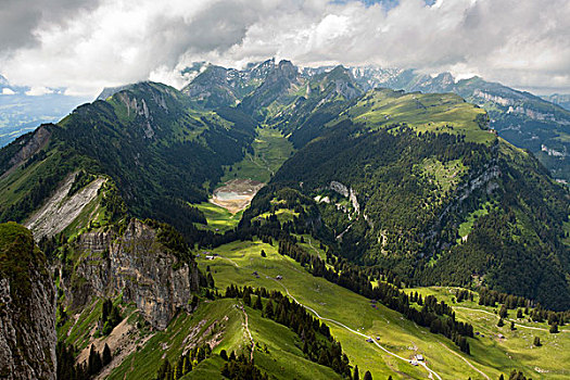 山,远眺,湖,山脉,阿彭策尔,罗得斯,瑞士,欧洲