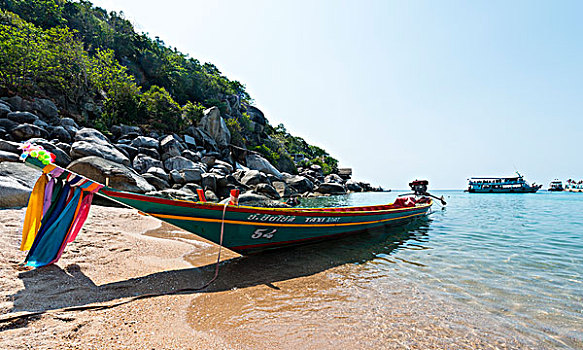 船,海滩,蓝绿色海水,龟岛,海湾,泰国,亚洲