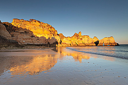 砂岩,悬崖,海滩,日落,阿尔加维,葡萄牙,欧洲