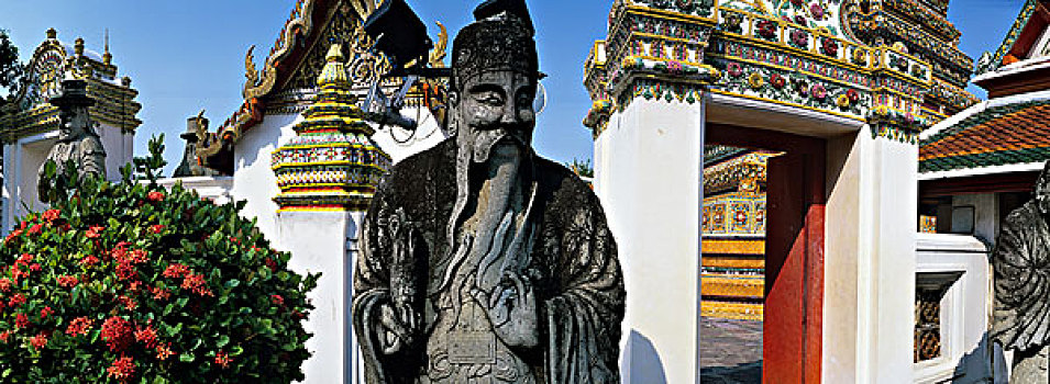 亚洲,泰国,曼谷,雕塑,墙壁,地面,佛教寺庙,城市