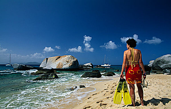 女人,潜水,设备,海滩,戈达,岛屿,英属维京群岛,加勒比