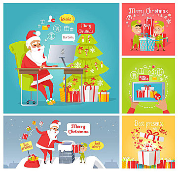 圣诞快乐,圣诞老人,迅速,递送,礼物,最好,喜爱,销售,贺卡,小精灵,礼盒,庆贺新年,概念,矢量,风格,插画