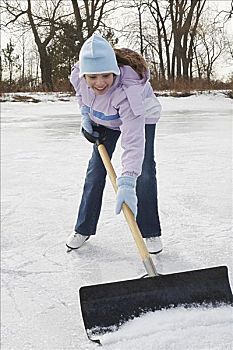女孩,铲,雪,滑冰场