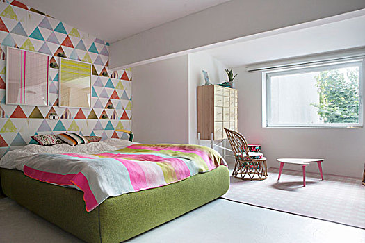 彩色,壁纸,墙壁,绿色,软垫,床架,鲜明,卧室