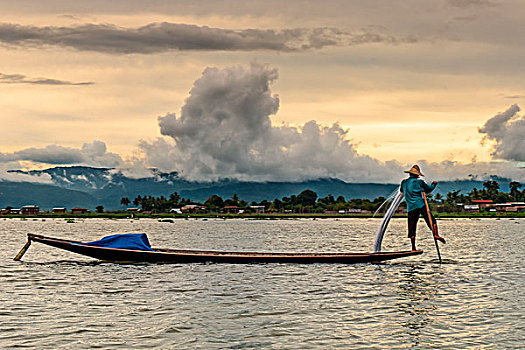 茵莱湖,缅甸,东南亚,渔民,平衡,独木舟