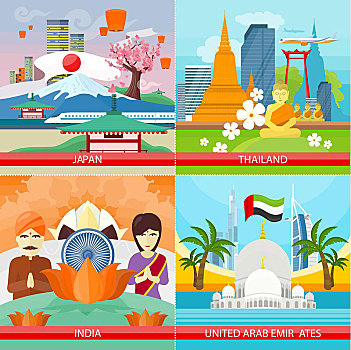旅行,概念,设计,收集,日本,泰国,印度,阿联酋,海报,国家,魅力,建筑,插画,暑假,亚洲