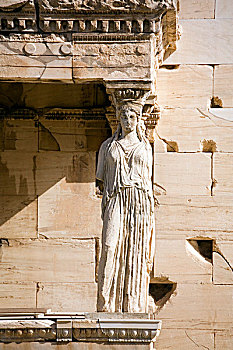 雅典卫城,雅典,伊瑞克提翁神庙,门廊,女像柱,特写,展示,一个