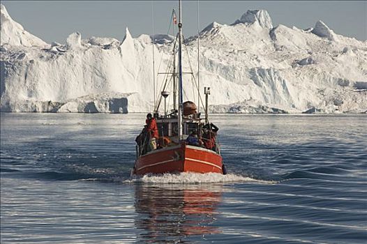 渔船,正面,冰山,迪斯科湾,世界遗产,伊路利萨特,雅各布港,格陵兰,丹麦